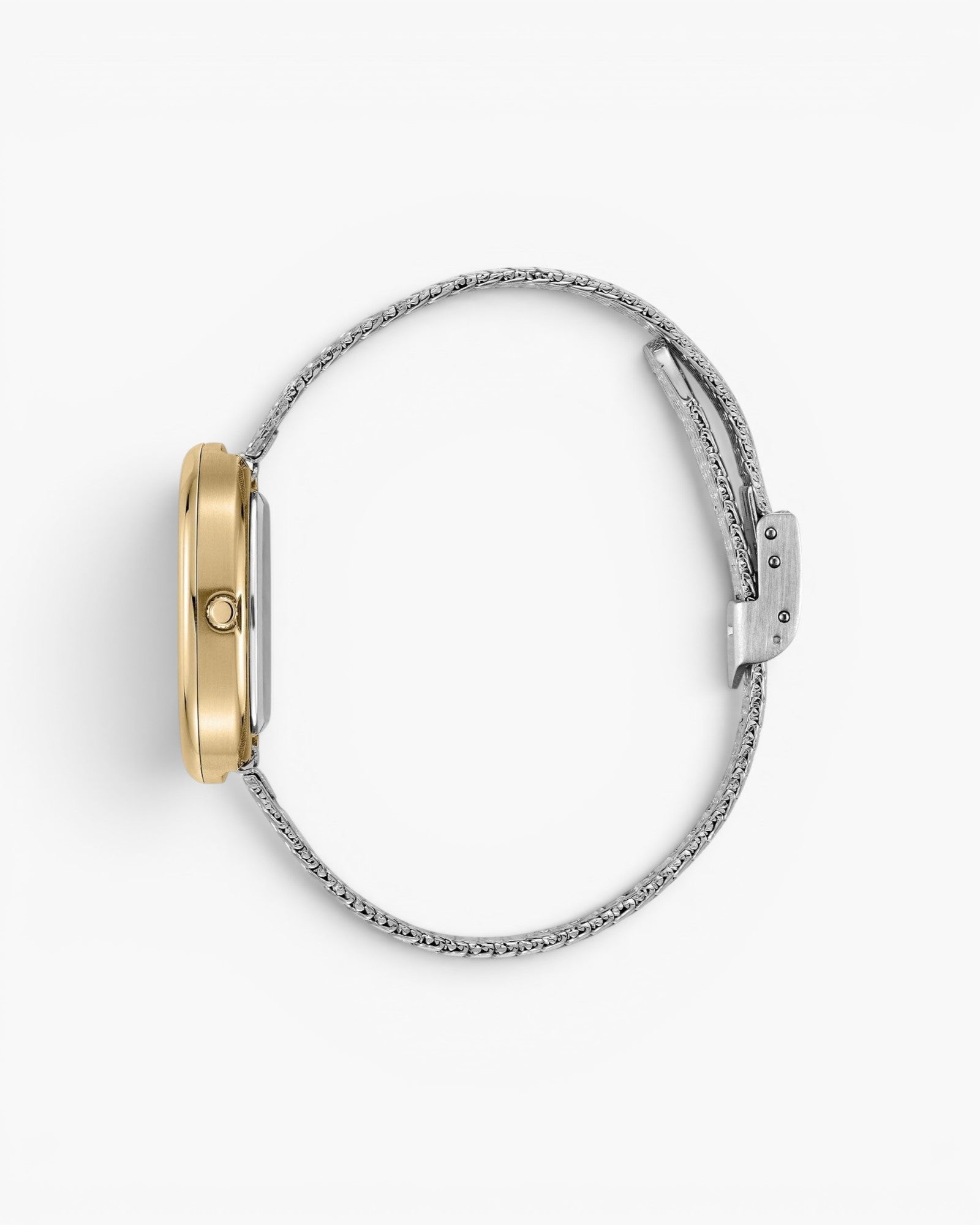 JONES + CO Jane Tethered watch with a gold oval case and silver woven mesh bracelet, side profile view.