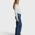 JONES + CO Jasper textured jersey crew neck sweater in natural, worn by a woman with blue jeans and black shoes.