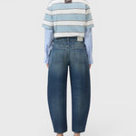 JONES + CO Jazzie barrel jeans in dark blue denim with a cropped leg and five-pocket design, back view