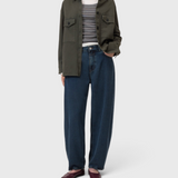 JONES + CO Jazzie dark blue barrel-fit denim jeans with mid-rise waist and cropped legs on a model