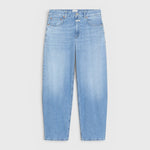 JONES + CO Jazzie barrel jeans in light blue denim with a mid-rise waist and cropped leg silhouette.