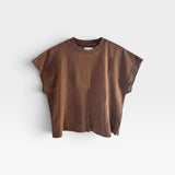 JONES + CO Jeanne muscle tee in chocolate brown with a high crew neck and dolman sleeves.