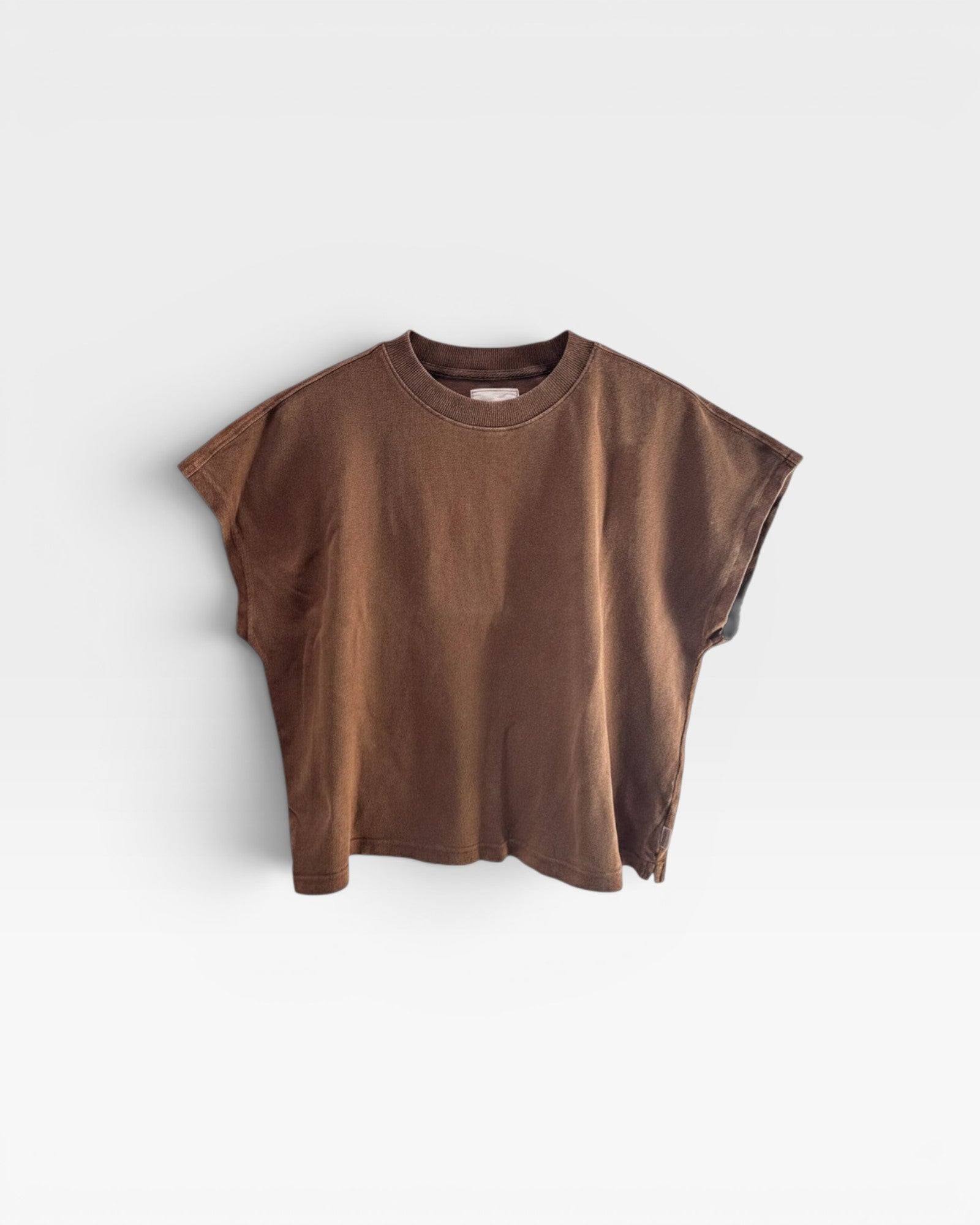 JONES + CO Jeanne muscle tee in chocolate brown with a high crew neck and dolman sleeves.