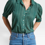 JONES + CO Jess blouse in green Muir tartan with short puff sleeves, pintuck details, and a button-down front.