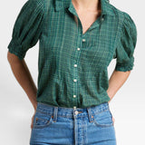 JONES + CO Jess blouse in green Muir tartan with short puff sleeves, pintuck details, and a button-down front.