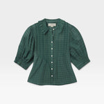 JONES + CO Jess blouse in green Muir tartan plaid with short puff sleeves, ruffled collar, and button-down front.
