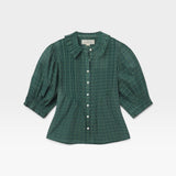 JONES + CO Jess blouse in green Muir tartan plaid with short puff sleeves, ruffled collar, and button-down front.