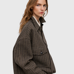 JONES + CO oversized shacket in juniper green wool-blend with a multicoloured checked pattern and buttoned pockets.