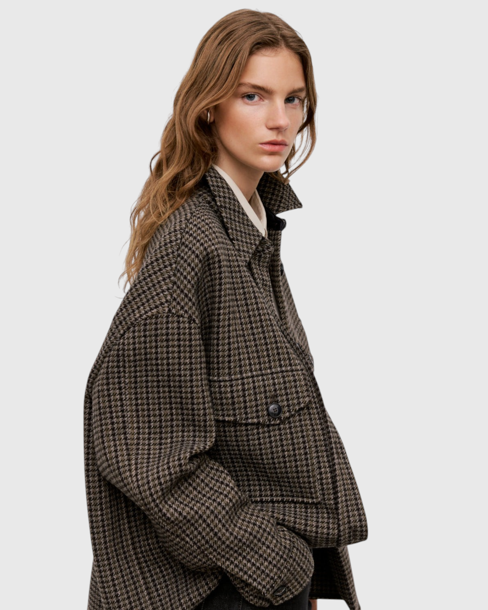 JONES + CO oversized shacket in juniper green wool-blend with a multicoloured checked pattern and buttoned pockets.