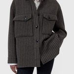 JONES + CO oversize shacket in juniper green wool-blend with a checked pattern and buttoned breast pockets.