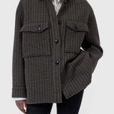 JONES + CO oversize shacket in juniper green wool-blend with a checked pattern and buttoned breast pockets.