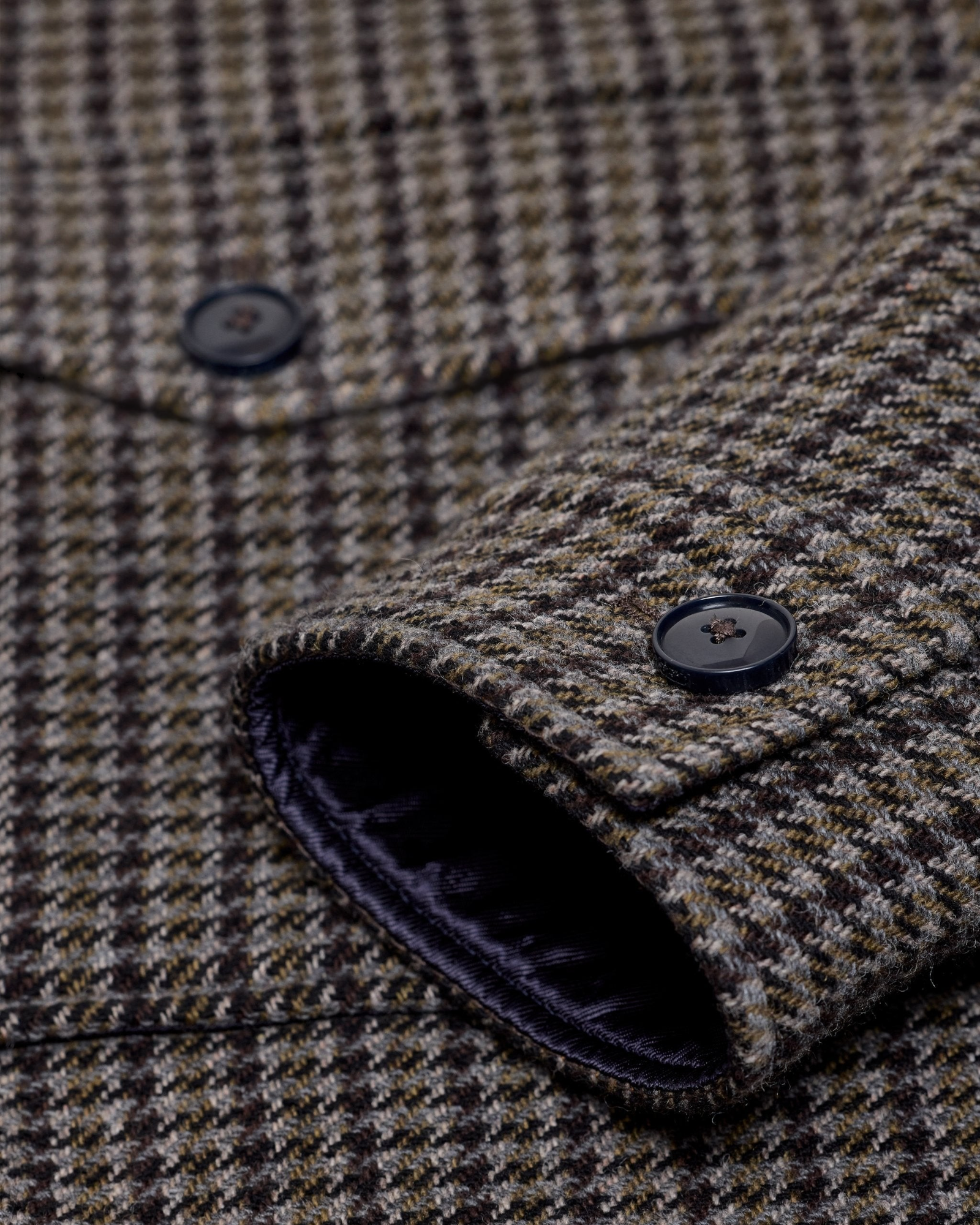 JONES + CO oversized shacket in juniper green wool-blend with a multicoloured checked pattern and horn-effect buttons.