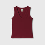 JONES + CO Kana Tank in merlot red featuring a deep scoop neckline and finely ribbed knit fabric.
