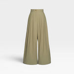 JONES + CO Khaki high-waisted wide-leg pleated cotton trousers with elastic back waistband and faux button fly.