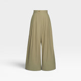 JONES + CO Khaki high-waisted wide-leg pleated cotton trousers with elastic back waistband and faux button fly.