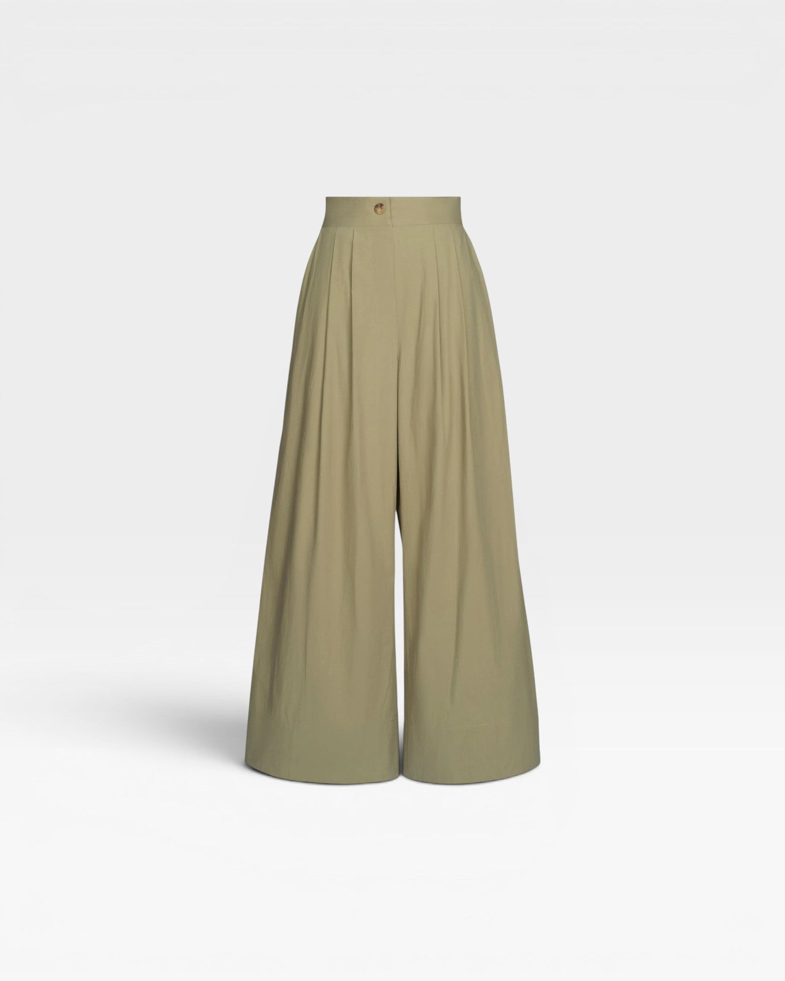 JONES + CO Khaki high-waisted wide-leg pleated cotton trousers with elastic back waistband and faux button fly.