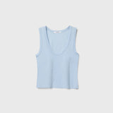 JONES + CO Khara U-neck tank top in powder blue soft cotton with a bra-friendly design and waist-length fit.