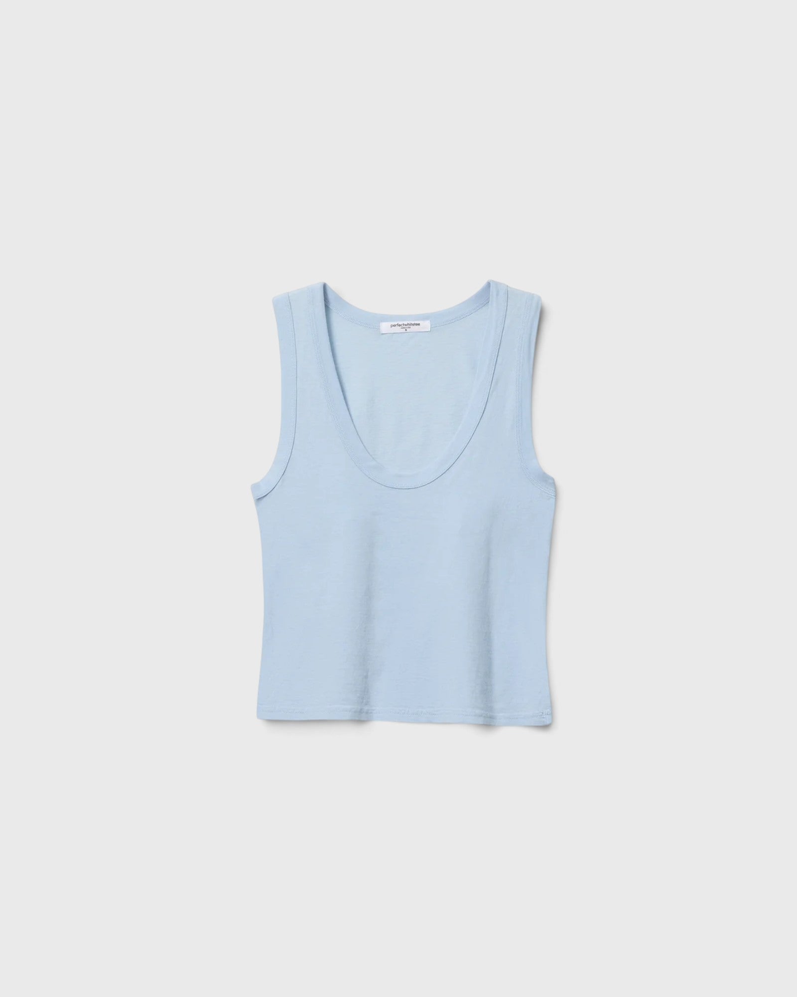 JONES + CO Khara U-neck tank top in powder blue soft cotton with a bra-friendly design and waist-length fit.