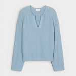 JONES + CO dove blue organic cotton knitted jersey with 3D effect stripe pattern and V-neck.