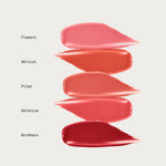 JONES + CO La Laque Tinted Lip Oil swatches: Flamant (pink), Abricot (coral), Pulpe (peach), Géranium (rose), Bordeaux (berry red).