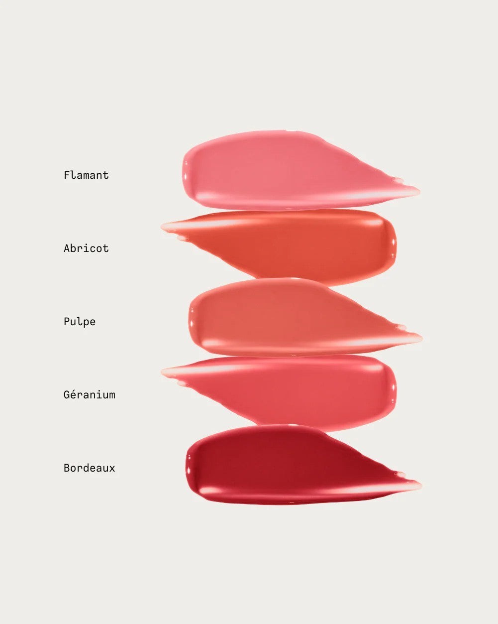 JONES + CO La Laque Tinted Lip Oil swatches: Flamant (pink), Abricot (coral), Pulpe (peach), Géranium (rose), Bordeaux (berry red).