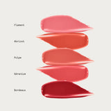 JONES + CO La Laque Tinted Lip Oil swatches: Flamant (pink), Abricot (coral), Pulpe (peach), Géranium (rose), Bordeaux (berry red).