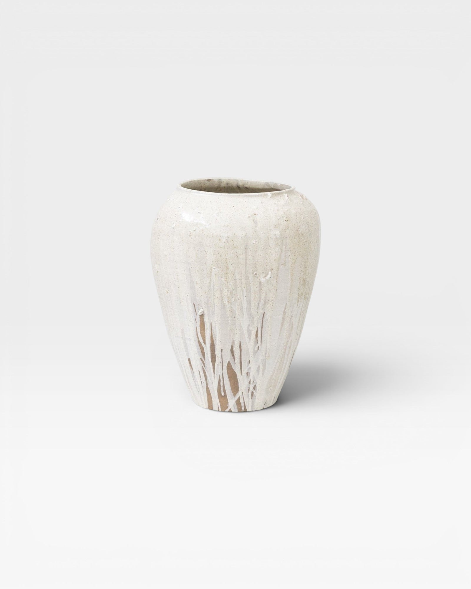 JONES + CO large ceramic vase with unique ash glaze, off-white with natural variations and drips.