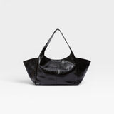 JONES + CO Large black patent leather tote bag with fixed shoulder strap and magnetic closure.