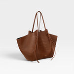 JONES + CO Large Mochi tote bag in brown embossed sierra leather with organic folds and knotted side details.