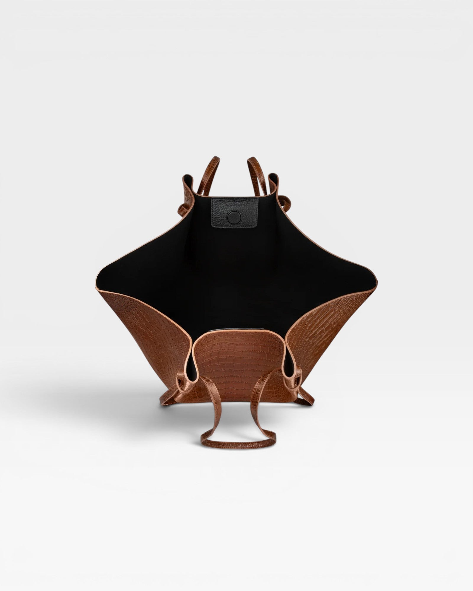 JONES + CO Large Mochi tote bag in brown embossed sierra leather with organic folds and a black interior