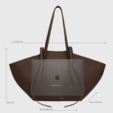 JONES + CO Large Mochi tote bag in brown embossed sierra leather with organic curves and knots, shown with 13-inch laptop