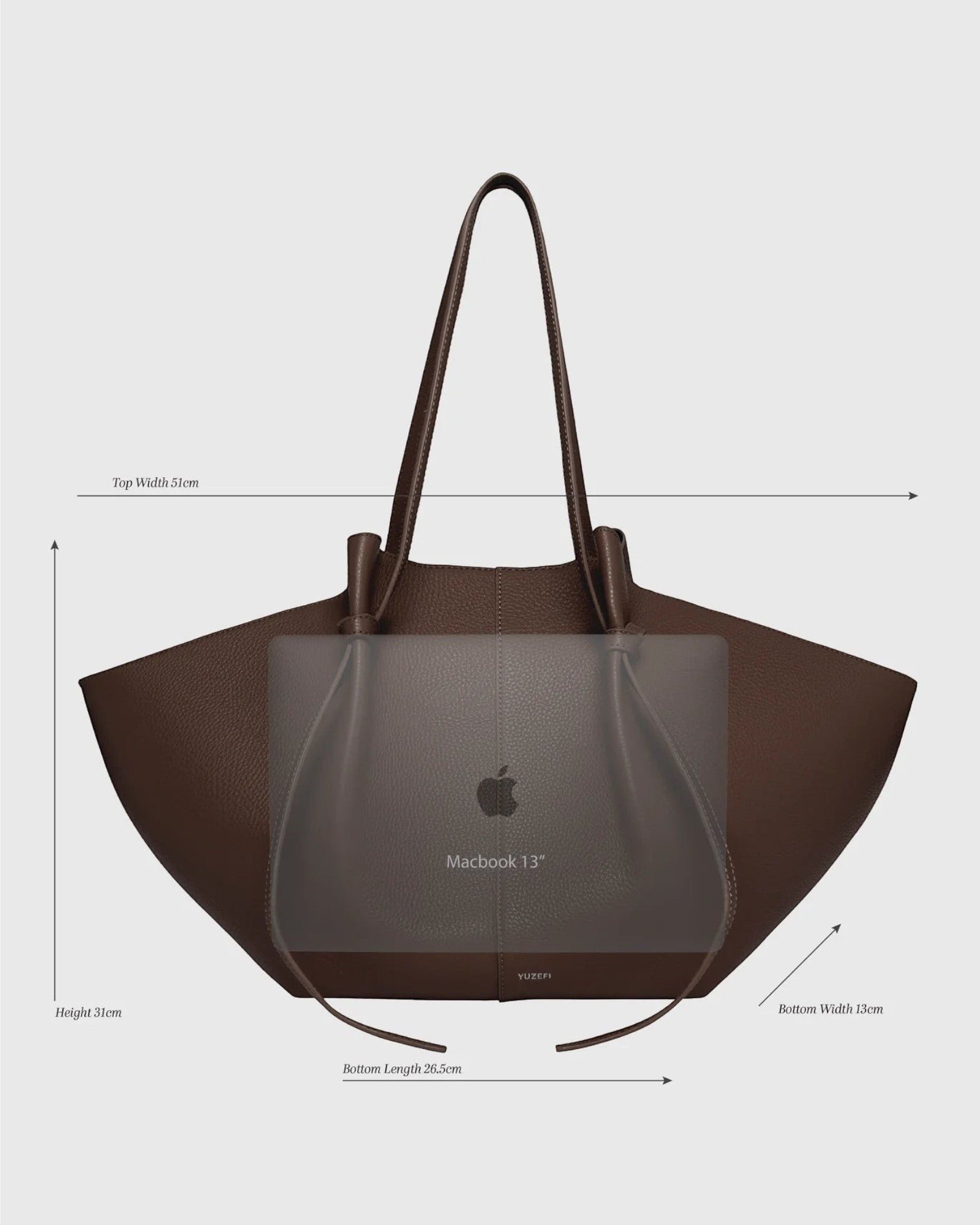 JONES + CO Large Mochi tote bag in brown embossed sierra leather with organic curves and knots, shown with 13-inch laptop