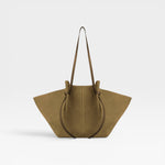 JONES + CO Large Mochi tote bag in fennel green Italian suede with organic curved folds and knotted shoulder straps.
