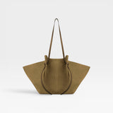 JONES + CO Large Mochi tote bag in fennel green Italian suede with organic curved folds and knotted shoulder straps.