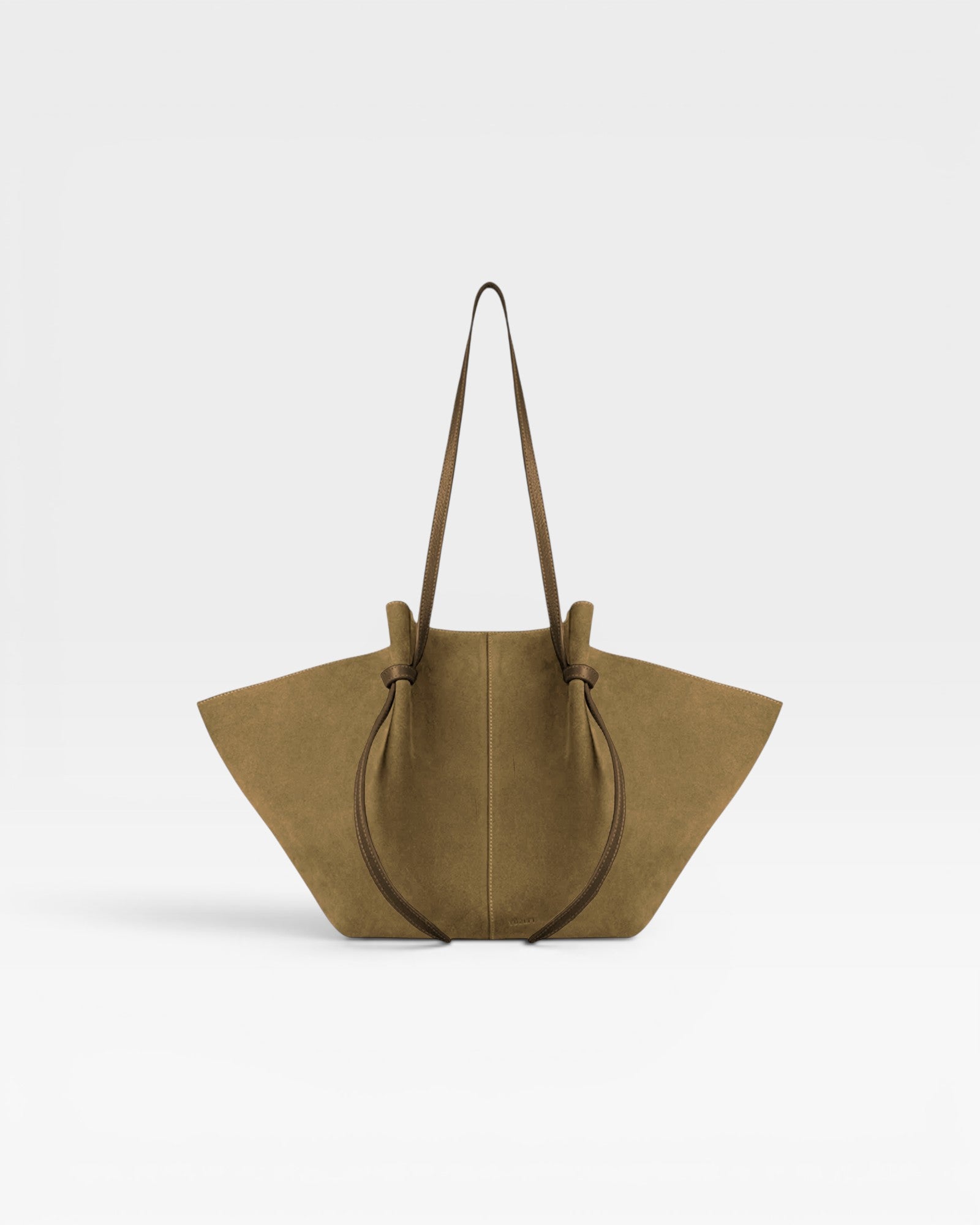 JONES + CO Large Mochi tote bag in fennel green Italian suede with organic curved folds and knotted shoulder straps.