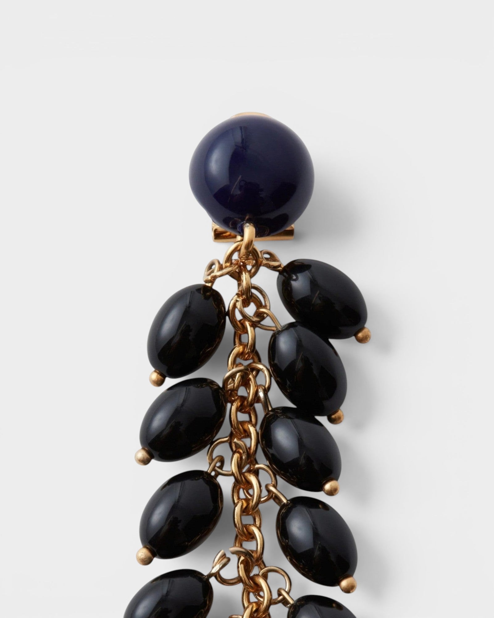 JONES + CO Laurel drop earrings featuring glossy black acrylic beads hanging from delicate gold-tone chains.