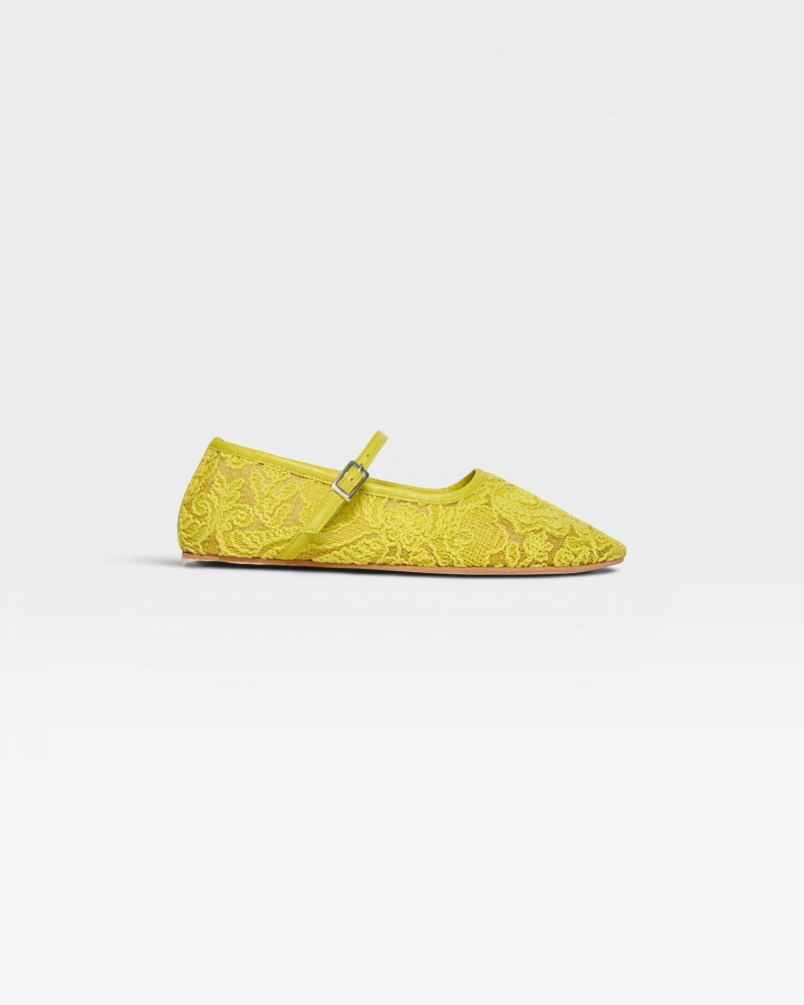 JONES + CO Laurel Mary Jane flat in lime jacquard mesh with a delicate floral pattern and ankle strap.
