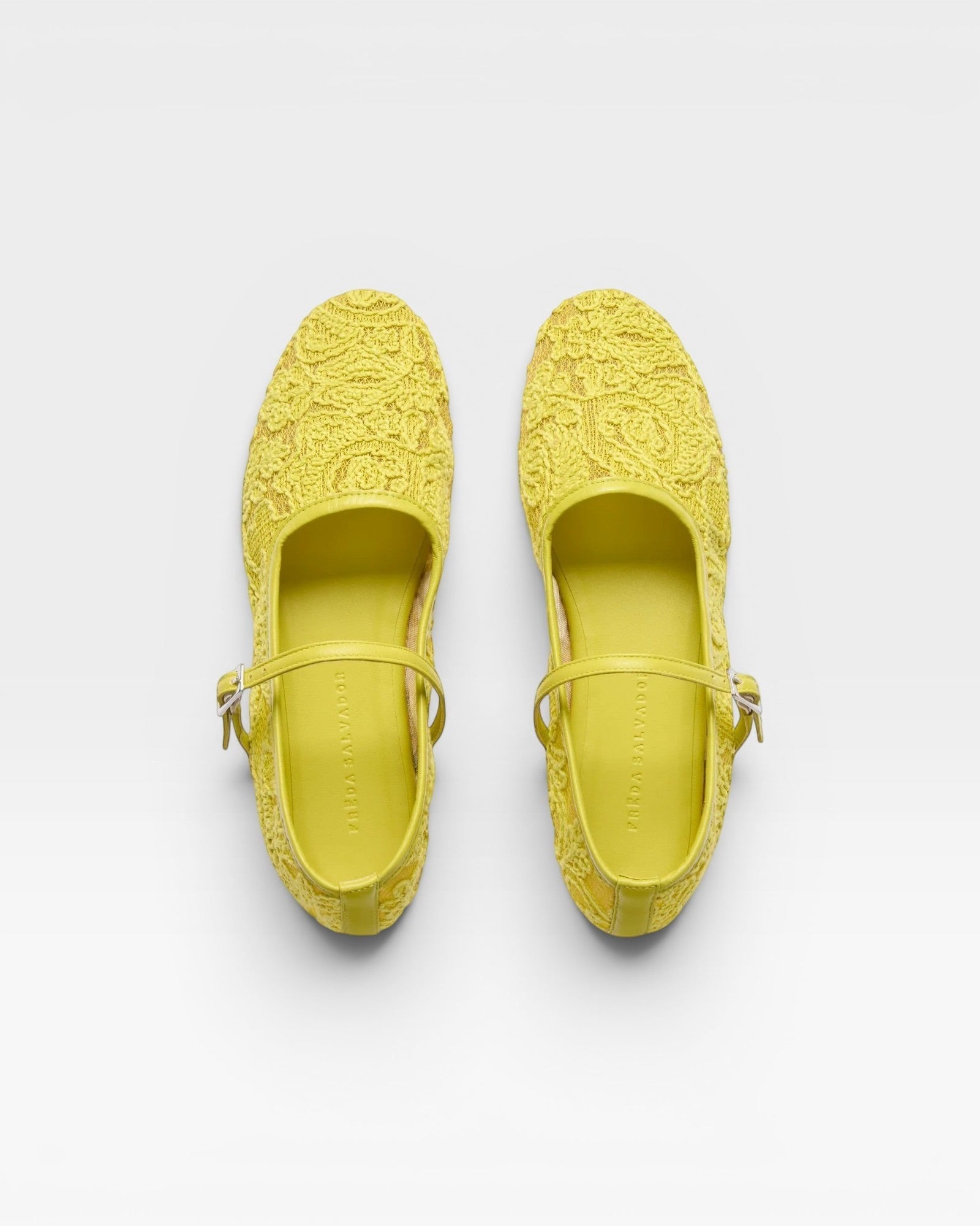 JONES + CO Laurel Mary Jane flats in lime jacquard mesh with buckle strap. Handcrafted in Spain.