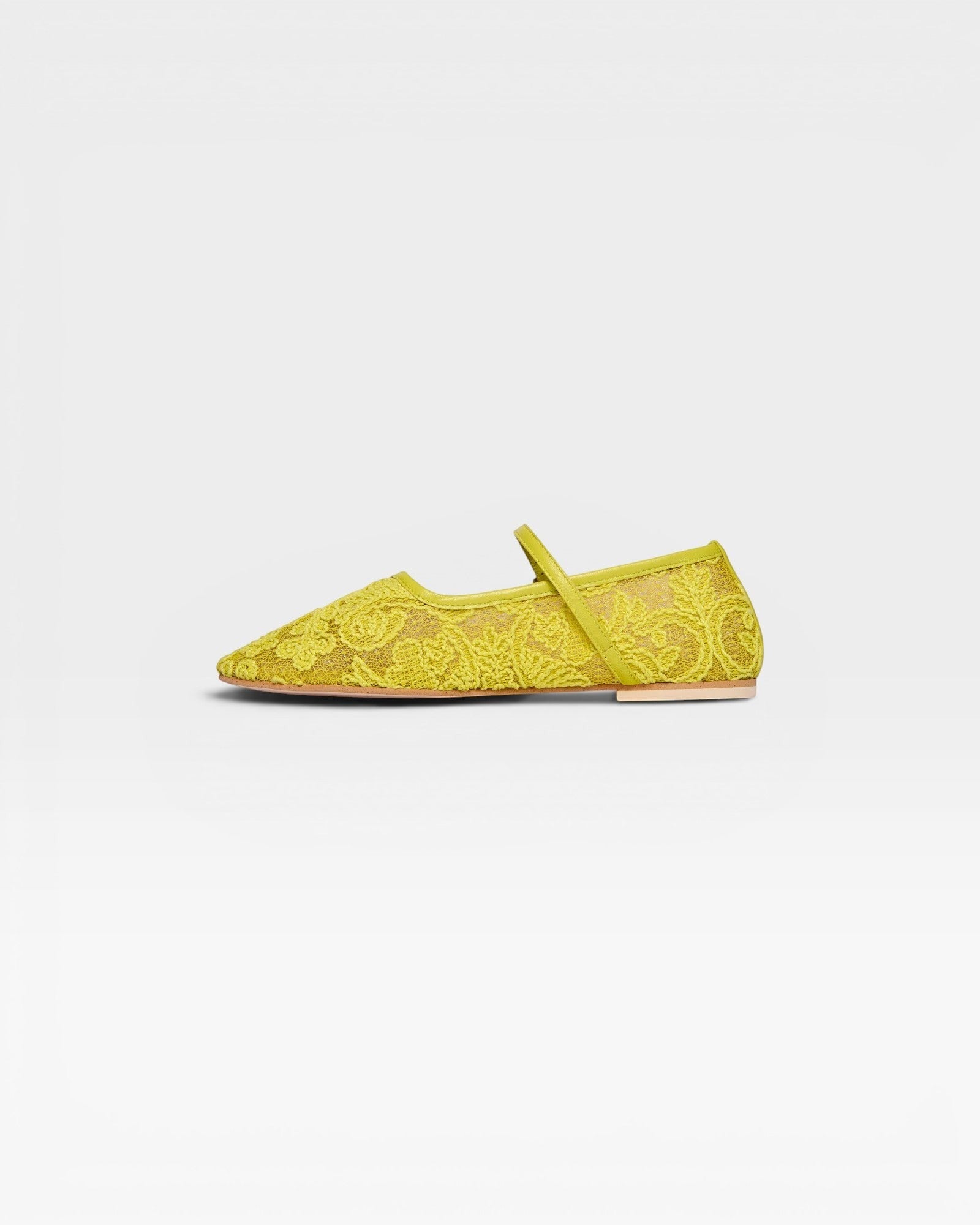 JONES + CO Laurel Mary Jane in lime jacquard mesh with floral detailing and a single strap.
