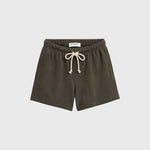 JONES + CO Layla dark olive French terry lounge shorts with an elastic waistband, natural drawcord, and raw edge hem.