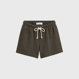 JONES + CO Layla dark olive French terry lounge shorts with an elastic waistband, natural drawcord, and raw edge hem.