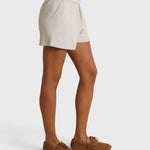 JONES + CO Layla French Terry sweat shorts in whitecap grey with a raw hem and natural drawcord, side view.