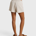 JONES + CO Layla French Terry lounge shorts in whitecap grey with a relaxed fit, elastic waistband, and raw edge hem.