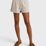 JONES + CO Layla French Terry sweat shorts in whitecap grey with an elastic waistband, drawcord, and raw edge hem.