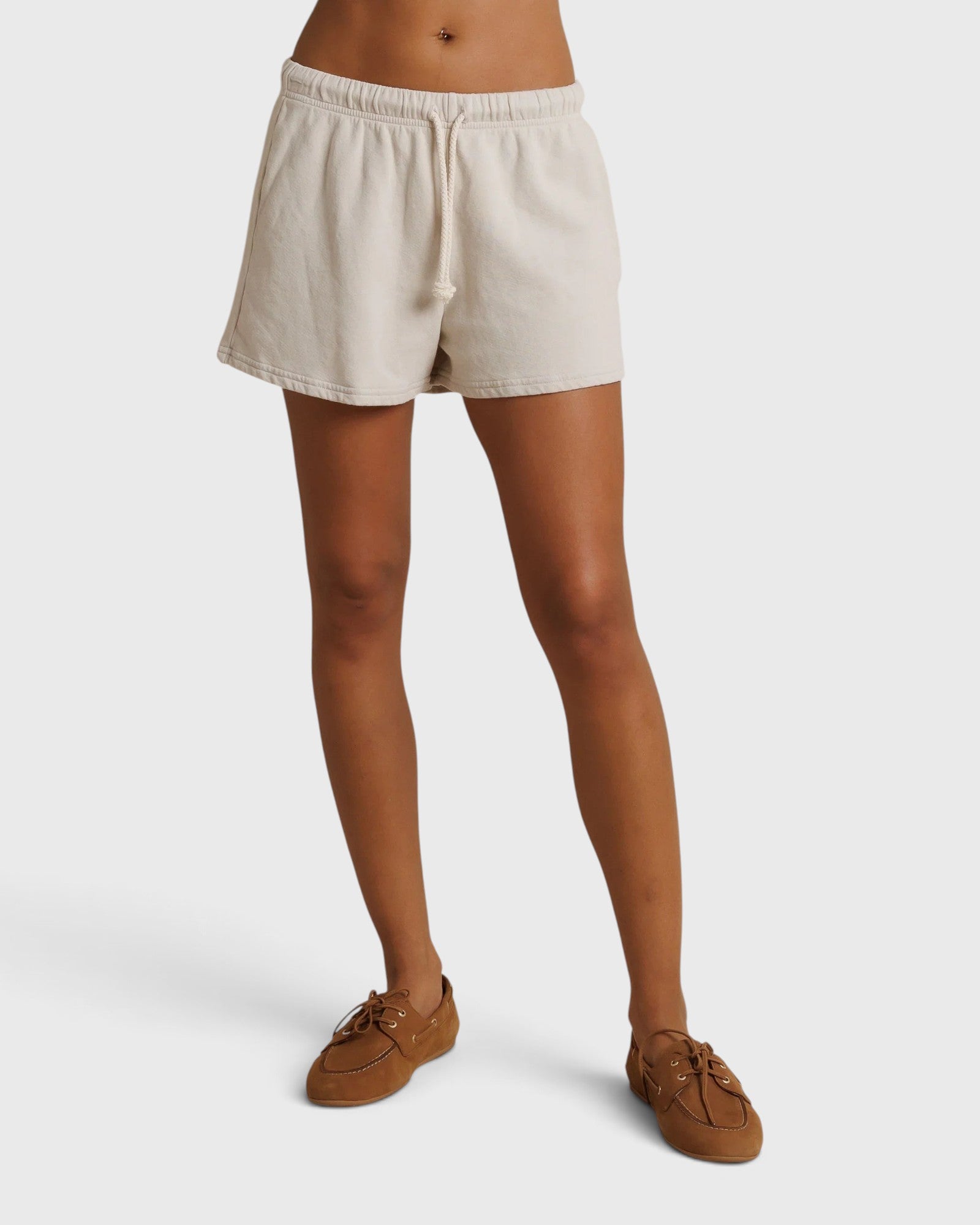 JONES + CO Layla French Terry sweat shorts in whitecap grey with an elastic waistband, drawcord, and raw edge hem.