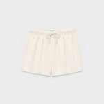 JONES + CO Layla bright ivory French terry lounge shorts with an elastic waistband, drawcord, and raw edge hem.