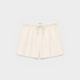 JONES + CO Layla bright ivory French terry lounge shorts with an elastic waistband, drawcord, and raw edge hem.