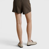 JONES + CO Layla dark olive French terry lounge shorts with elastic waistband and raw edge hem, back view
