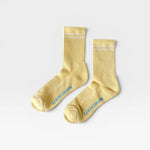 JONES + CO Boyfriend Socks in lemonade yellow with white double stripes and breathable mesh detailing.