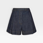 JONES + CO high-waisted Leo denim shorts in raw wash with pleated front and contrast stitching.